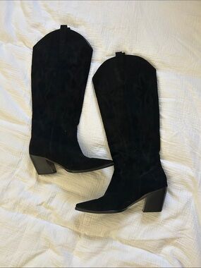 Black Suede Western Knee-High Boots — Women's Heeled Cowboy Style